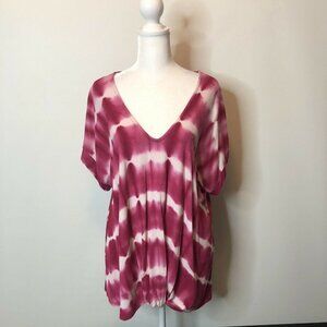 Alya Womens Size S Hot Pink Tie Dye Shirt V Neck  Knot Cuffed Short Sleeve